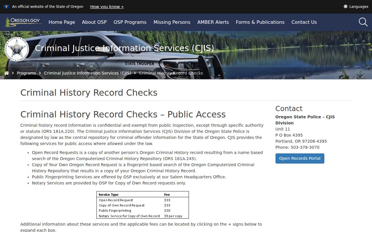 Oregon State Police criminal history check options for Gilliam County