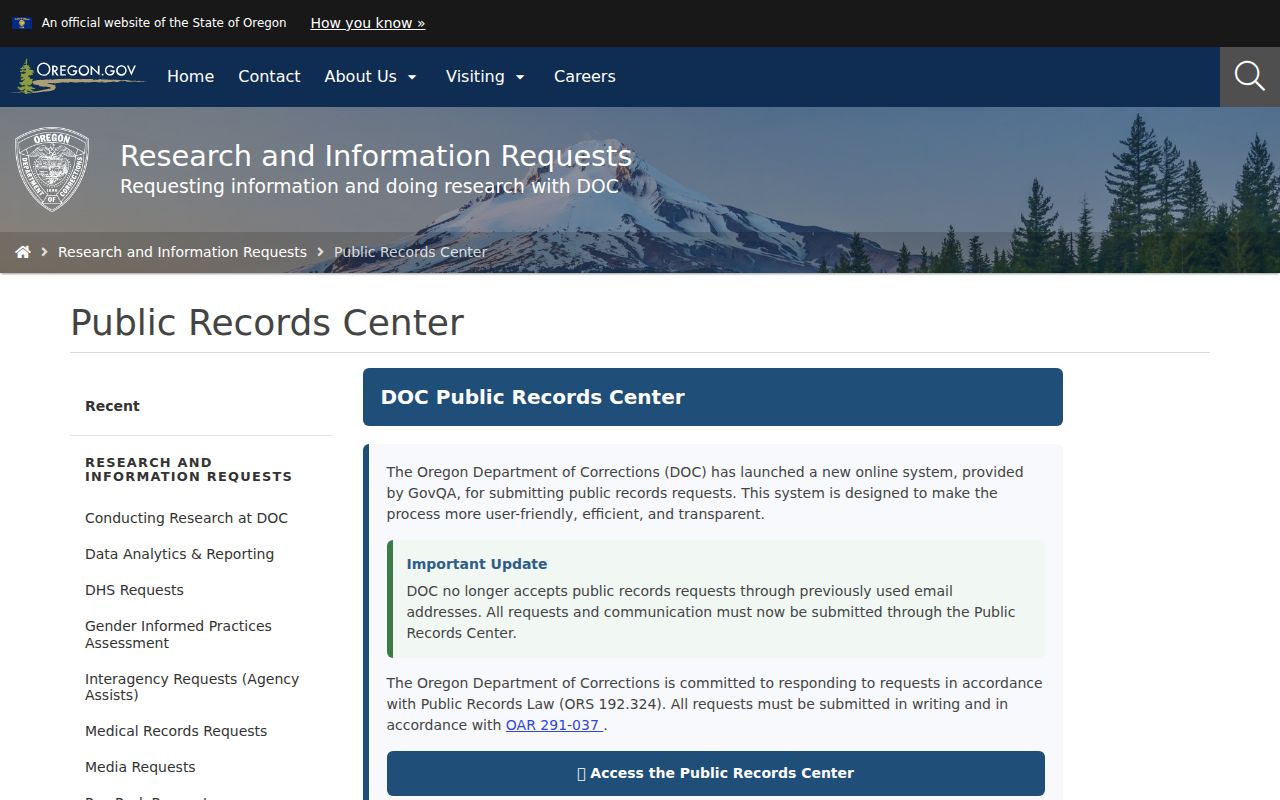 Oregon Department of Corrections public records process for Gilliam County